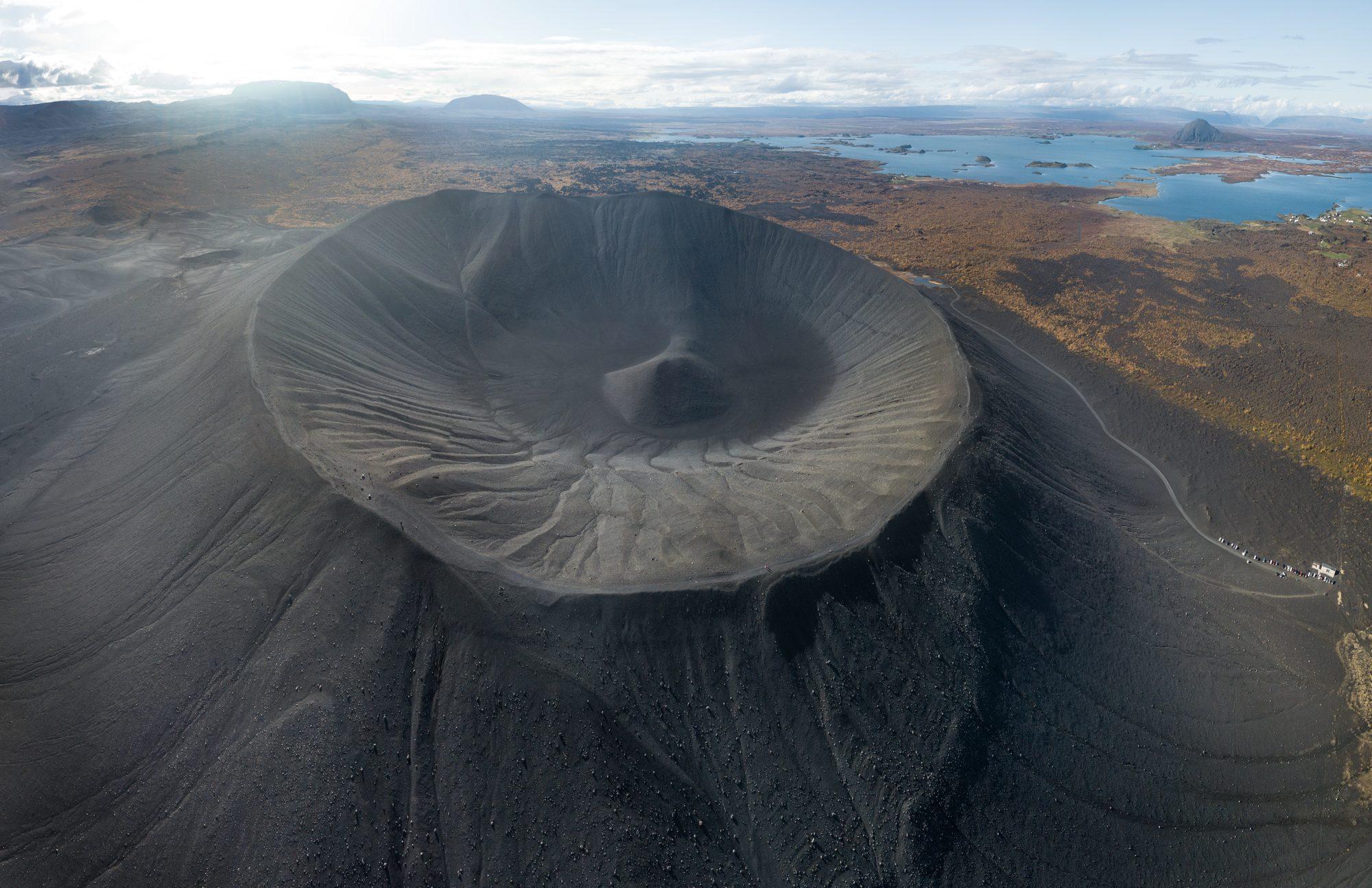 Top-down aerial of a volcanic crater